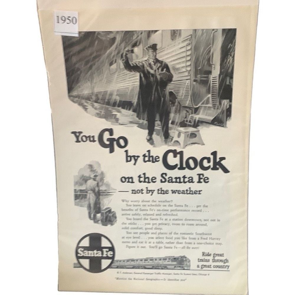 Vintage 1950 Santa Fe Go by The Clock Not The Weather Ad Advertisement